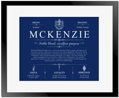 Mckenzie surname history and family heritage in Deep Blue with Black Matte Frame