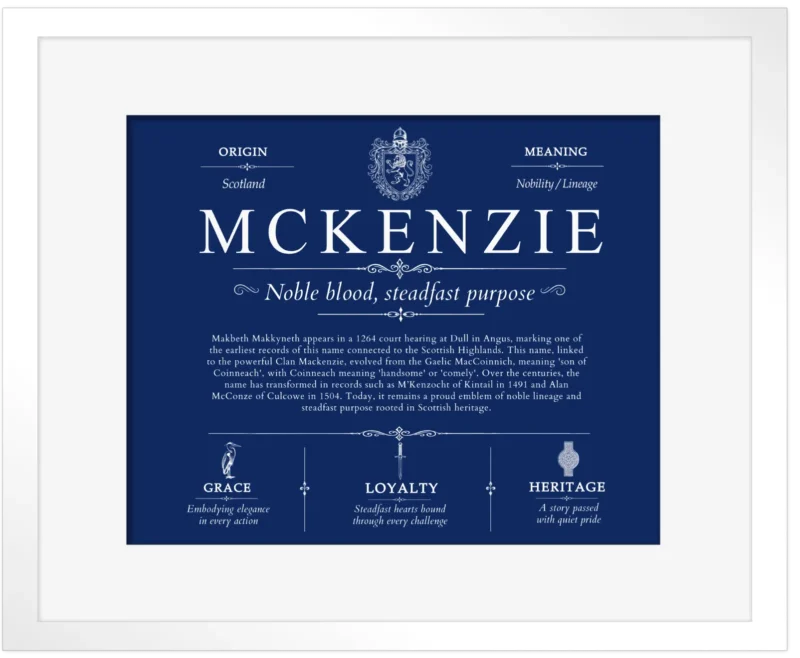 Mckenzie surname history and family heritage in Deep Blue with White Matte Frame