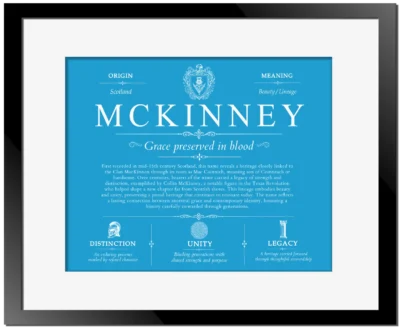 Mckinney surname heritage and history in Blue with Black Matte Frame