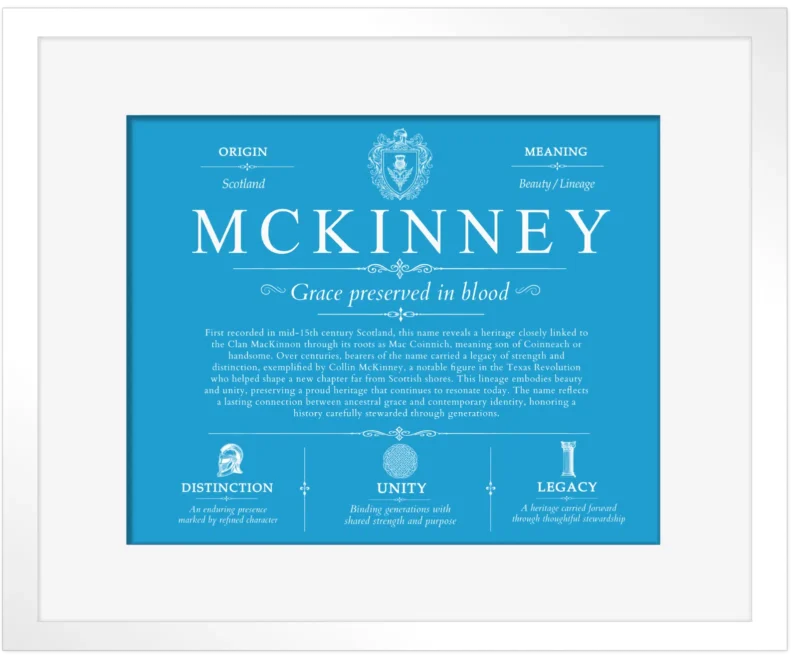 Mckinney surname heritage and history in Blue with White Matte Frame