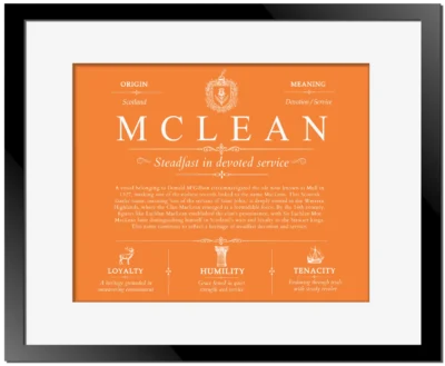 Mclean surname meaning origin and heritage in Orange with Black Matte Frame