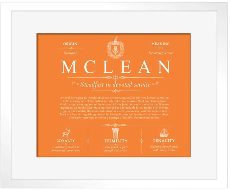 Mclean surname meaning origin and heritage in Orange with White Matte Frame
