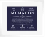 Mcmahon family name meaning and history in Navy Blue with White Matte Frame Mcmahon family name meaning and history in Navy Blue with White Matte Frame