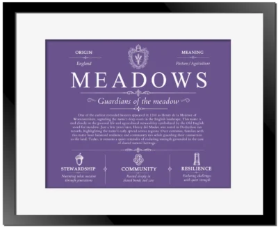 Meadows personalized family surname in Purple with Black Matte Frame