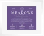 Meadows personalized family surname in Purple with White Matte Frame