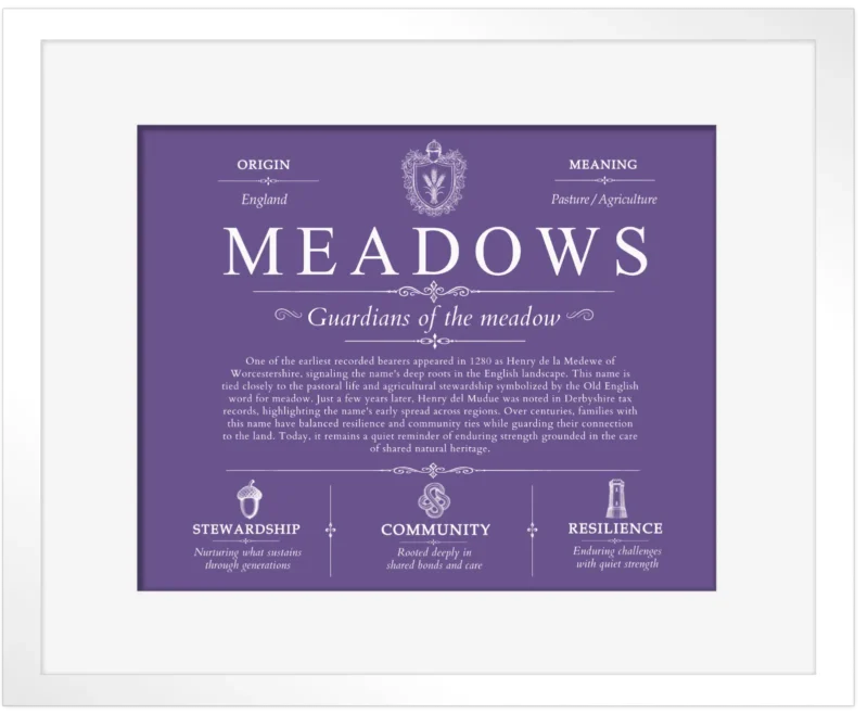Meadows personalized family surname in Purple with White Matte Frame