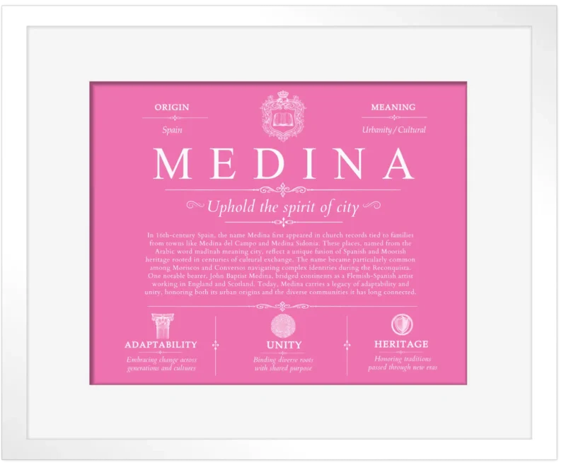 Medina last name meaning and origin in Pink with White Matte Frame