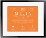Mejia last name history and origin in Orange with Black Matte Frame