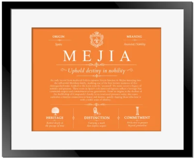 Mejia last name history and origin in Orange with Black Matte Frame
