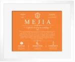 Mejia last name history and origin in Orange with White Matte Frame
