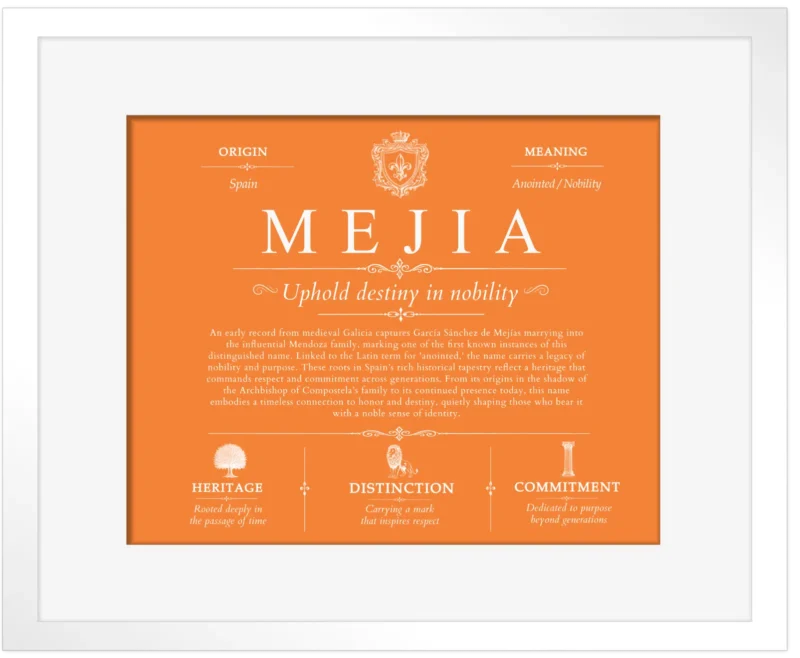 Mejia last name history and origin in Orange with White Matte Frame