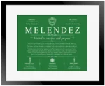 Melendez surname meaning history and origin in Dark Green with Black Matte Frame