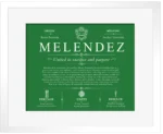 Melendez surname meaning history and origin in Dark Green with White Matte Frame