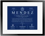Mendez family name heritage in Deep Blue with Black Matte Frame