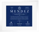 Mendez family name heritage in Deep Blue with White Matte Frame
