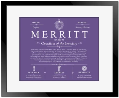 Merritt last name meaning and origin in Purple with Black Matte Frame
