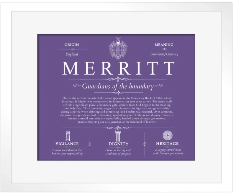Merritt last name meaning and origin in Purple with White Matte Frame