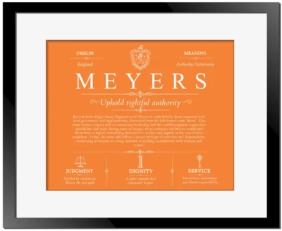 Meyers surname meaning and heritage in Orange with Black Matte Frame