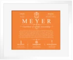 Meyer personalized last name meaning in Orange with White Matte Frame