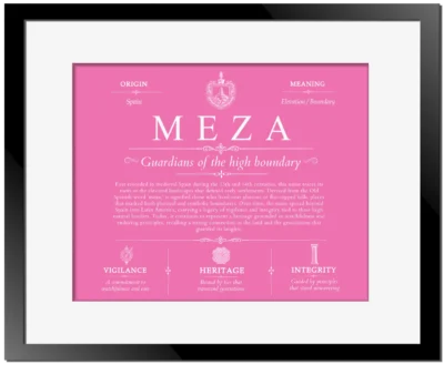 Meza family name history in Pink with Black Matte Frame