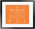 Michael surname meaning origin and heritage in Orange with Black Matte Frame