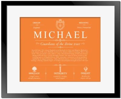 Michael surname meaning origin and heritage in Orange with Black Matte Frame
