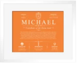 Michael surname meaning origin and heritage in Orange with White Matte Frame