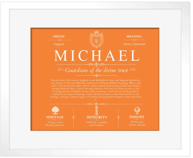 Michael surname meaning origin and heritage in Orange with White Matte Frame