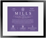 Mills last name history and origin in Purple with Black Matte Frame