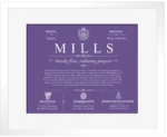 Mills last name history and origin in Purple with White Matte Frame