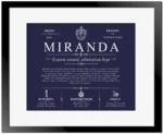 Miranda family name meaning and origin in Navy Blue with Black Matte Frame