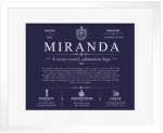 Miranda family name meaning and origin in Navy Blue with White Matte Frame Miranda family name meaning and origin in Navy Blue with White Matte Frame