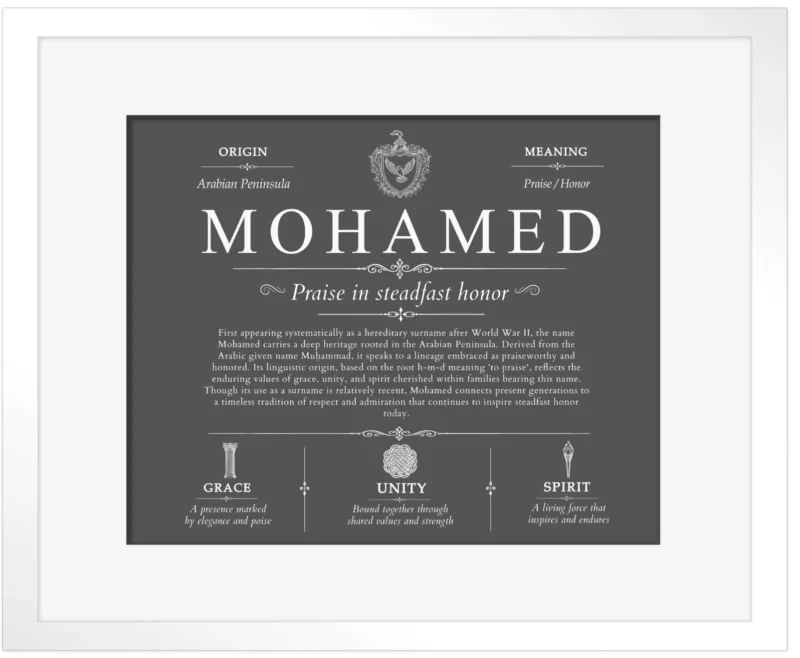 Mohamed last name history and origin in Gray with White Matte Frame