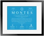Montes surname meaning history and origin in Blue with Black Matte Frame