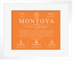 Montoya personalized family surname in Orange with White Matte Frame