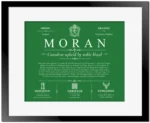 Moran surname meaning origin and heritage in Dark Green with Black Matte Frame