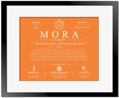 Mora surname meaning origin and heritage in Orange with Black Matte Frame