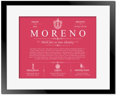 Moreno surname origin and family heritage in Red with Black Matte Frame