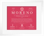 Moreno surname origin and family heritage in Red with White Matte Frame Moreno surname origin and family heritage in Red with White Matte Frame