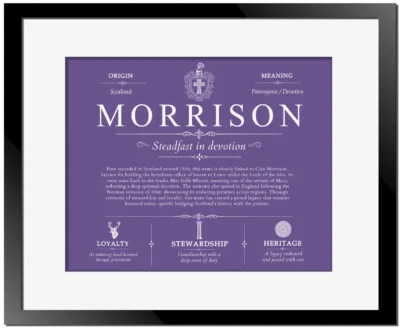 Morrison family name meaning and history in Purple with Black Matte Frame