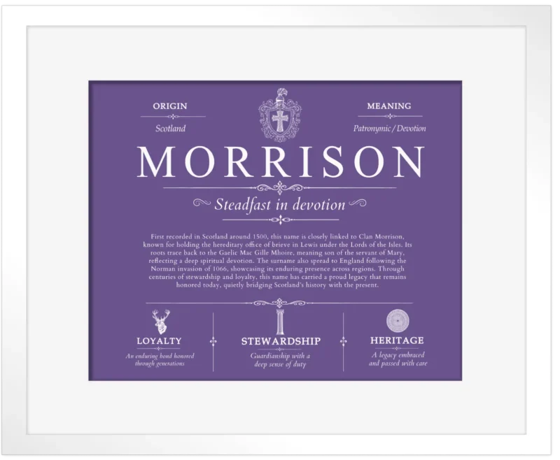 Morrison family name meaning and history in Purple with White Matte Frame