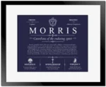 Morris personalized family surname in Navy Blue with Black Matte Frame