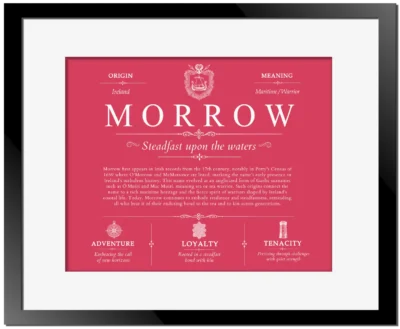 Morrow surname history and family heritage in Red with Black Matte Frame