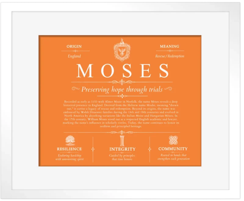 Moses personalized family surname in Orange with White Matte Frame