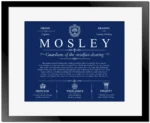 Mosley family name heritage in Deep Blue with Black Matte Frame