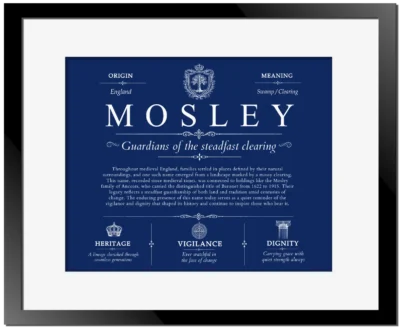 Mosley family name heritage in Deep Blue with Black Matte Frame