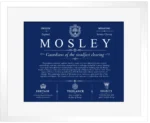 Mosley family name heritage in Deep Blue with White Matte Frame Mosley family name heritage in Deep Blue with White Matte Frame