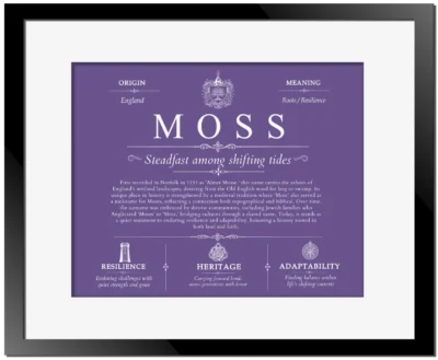 Moss last name history and origin in Purple with Black Matte Frame