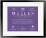 Mullen surname history and heritage in Purple with Black Matte Frame