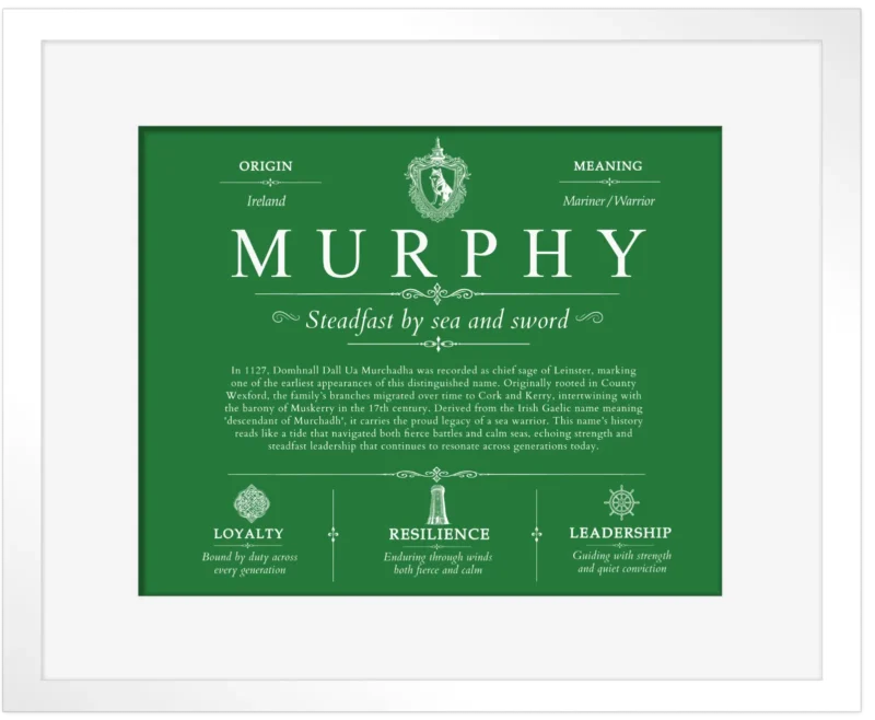Murphy surname meaning origin and heritage in Dark Green with White Matte Frame